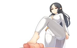 adele_(maplestory) balls barefoot black_eyes black_hair breasts censored clothed_female clothed_female_nude_male elf feet female femdom foot_fetish footjob long_hair looking_down male maplestory mastgg mosaic_censoring penis pointed_ears pointy_ears standing standing_footjob testicles tight_clothing toes white white_background