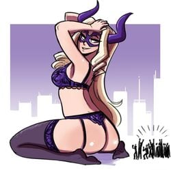 1girls ass blonde_hair bra breasts exhibitionism giantess horns huge_ass mask mount_lady my_hero_academia panties scruffyturtles size_difference stockings thighhighs thong tiny underwear yuu_takeyama