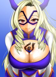 1boy 1girls between_breasts blonde_hair blush bodysuit color female giantess kamui_woods keyhole looking_at_viewer mask mount_lady my_hero_academia red_eyes shinji_nishima size_difference smile yuu_takeyama