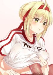 absurdres ahoge blonde_hair braid breast_squeeze breasts clothed_sex cum ejaculation ejaculation_under_clothes fate/grand_order fate_(series) french_braid green_eyes gym_shirt gym_uniform hair_bun hair_intakes headband highres large_breasts name_tag nero_claudius_(fate) nero_claudius_(olympian_bloomers) olympian_bloomers outercourse paizuri paizuri_under_clothes penis perpendicular_paizuri red_headband shirt solo_focus straight suwakana white_shirt