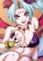 bare_shoulders bat_wings bikini bikini_top blue_hair breasts bridal_gauntlets cleavage delta_(words_worth) demon_girl facial_mark female forehead_mark head_wings licking_lips lips medium_breasts monster_girl naughty_face necktie nipple_slip nipples oerba_yun_fang optionaltypo pointy_ears red_eyes self_fondle solo strapless strapless_bikini succubus succubus_costume succubus_wings swimsuit tongue tongue_out wings words_worth