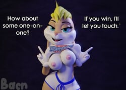 2019 3d abstract_background anthro bacn big_breasts blonde_hair blue_eyes breasts buckteeth clothed clothing clothing_lift dialogue english_text female fingers flashing hair invalid_tag lagomorph leporid lola_bunny looking_at_viewer looney_tunes mammal nipples open_mouth penetration presenting rabbit shirt smile solo space_jam teeth text tongue topwear warner_brothers