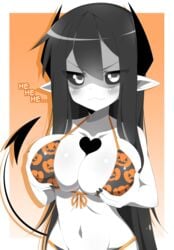 black_horns black_sclera blush bra demon_girl demon_horns demon_tail grey_eyes iryanic original_character pointy_ears succubus tail white_body