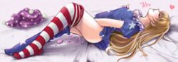 american_flag american_flag_legwear american_flag_shirt bangs bed_sheet blonde_hair blue_dress blue_legwear blush breasts closed_eyes clownpiece commentary_request dress egg_vibrator eyebrows_visible_through_hair female from_side full_body grin hat hat_removed headwear_removed heart highres implied_fingering jester_cap knees_up long_hair lying masturbation no_shoes on_back pantyhose pantyhose_pull parted_lips polka_dot polka_dot_hat profile purple_headwear pussy_juice red_legwear riria_(liry_a_flower) short_sleeves small_breasts smile solo star star_print striped striped_legwear thighs touhou very_long_hair vibrator