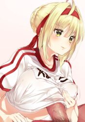 absurdres ahoge blonde_hair braid breast_squeeze breasts clothed_sex fate/grand_order fate_(series) french_braid green_eyes gym_shirt gym_uniform hair_bun hair_intakes headband highres large_breasts name_tag nero_claudius_(fate) nero_claudius_(olympian_bloomers) olympian_bloomers paizuri paizuri_under_clothes penis perpendicular_paizuri red_headband shirt solo_focus straight suwakana white_shirt