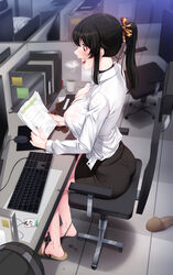 akchu blush blushing caught chobi_(akchu) clothes_on_floor hiding office office_lady open_shirt original panties_around_leg panties_down pussy_juice see-through see-through_clothing sitting skirt slippers sweat tagme visible_breath