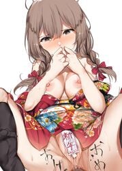 absurdres anal black_capelet blush braid breasts brown_eyes capelet cum cum_in_pussy eyebrows_visible_through_hair female floral_print hair_between_eyes hair_ornament hair_ribbon highres japanese_clothes kagura_miyabi kantai_collection kimono large_breasts long_hair long_sleeves looking_at_viewer naked_kimono nipples ribbon sex shinshuu_maru_(kantai_collection) simple_background solo twin_braids white_background yukata