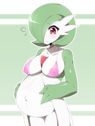 2018 anthro big_breasts blush bra breasts clothing female gardevoir green_eyes hair_over_one_eye iryanic nintendo pink_bra pokémon_(species) pokemon pokemon_(species) pregnant ready_to_pop red_eyes short_hair