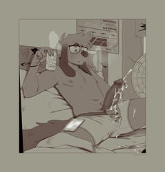 anthro bed beverage bodily_fluids can canid canine canis clothed clothing domestic_dog eyewear furniture glasses hi_res humanoid_penis long_ears male male_only mammal mechanical_fan monochrome nextel penis phone reed_(bearra) sepia solo sweat topless