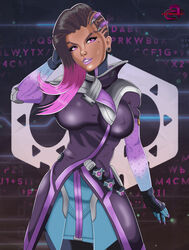 breasts ed_product glasses overwatch purple_eyes purple_hair purple_lipstick sombra