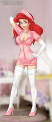 1girls ariel ariel_(the_little_mermaid) breasts bust busty cleavage clothed clothing disney disney_princess drawnthatwayxx elbow_gloves enchantedhentai.com female female_only gloves high_heels long_hair nurse nurse_cap nurse_uniform panties red_hair skirt standing stockings the_little_mermaid the_little_mermaid_(1989_film) voluptuous watermark