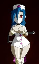 1girls blue_hair breast_hold breasts choker cleavage eyepatch gloves large_breasts looking_at_viewer mask nurse nurse_cap red_eyes saw skullgirls surgical_mask symbol-shaped_pupils tansau thighs valentine_(skullgirls) wide_hips