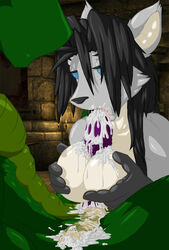 anthro anthro_on_anthro black_body black_fur black_hair blue_eyes bodily_fluids breast_grab breasts canid canine canis condom cum cum_in_mouth cum_inside detailed_background duo fellatio female fur genital_fluids genitals green_body grey_body grey_fur hair hand_on_breast interspecies kyla lizard looking_pleasured male mammal multicolored_body muscular muscular_anthro muscular_male open_mouth oral paizuri penile penis reptile sar saruuk scalie sex sexual_barrier_device straight titjob tongue two_tone_body white_body white_fur wolf