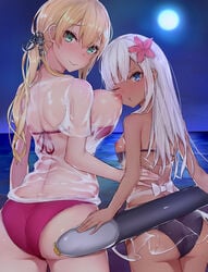 2girls ass bikini blonde_hair blue_eyes blush breasts dark_skin eye_contact female green_eyes hair_flower hair_ornament kantai_collection large_breasts light_skin looking_at_viewer multiple_girls nipples one_eye_closed prinz_eugen_(kantai_collection) ro-500_(kantai_collection) sherryqq silver_hair small_breasts torpedo white_hair yuri