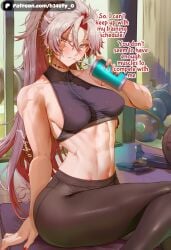 1girl 1girls abs ai_generated b34sty_0 black_crop_top blue_eyes blush boobs breasts compression_shirt crop_top drink drinking eyes genderswap genderswap_(mtf) gym gym_clothes gym_uniform hair heterochromia indoors long_hair looking_at_viewer medium_boobs medium_breasts medium_tits multicolored_eyes multicolored_hair muscular muscular_female patreon ponytail red_eyes red_hair rule63 rule_63 scar scar_(wuthering_waves) scar_on_arm scar_on_face sitting smile staring_at_viewer tacet_mark_(wuthering_waves) tight_pants tits watermark white_hair wuthering_waves