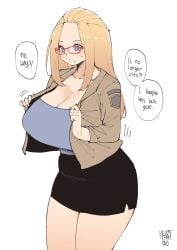1girl absurdres artist_name black_skirt blonde_hair blue_eyes breasts bright_pupils brown_jacket cleavage collarbone english_text female female_only glasses highres inne_sulistya_robin jacket large_breasts long_hair motion_lines open_clothes open_jacket open_mouth original red-framed_eyewear skirt solo speech_bubble sweat white_pupils