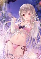 1girl bikini blonde_hair blush bow bow_bra bra braid breasts cleavage collarbone cowboy_shot dot_nose dutch_angle floral_print flower groin hair_between_eyes hair_ribbon hanahanamaki highres jewelry large_breasts leaf_print long_hair long_sleeves looking_at_viewer maeda_shiori multicolored_bra multicolored_clothes nail_polish navel necklace open_mouth original outdoors panties partially_submerged pink_bow pink_bra pink_nails pink_ribbon plaid_bow plaid_ribbon purple_bra red_eyes ribbon see-through_clothes side-tie_panties side_braid sidelocks signature sleeves_past_wrists smile solo sousouman standing stomach sunset swimsuit swimsuit_cover-up thigh_strap twinbox_school underwear very_long_hair wading wet
