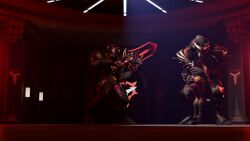 1girls 2boys 3d big_penis bottomless_female brown_hair glowing_eyes human human_female italian_female knot male monster monster_on_female muscular_female overwatch size_difference thighjob toned_female unshoreart vendetta werewolf