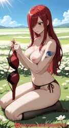 1girls ai_generated arm_tattoo belly_button big_breasts blue_tattoo blush bra breasts brown_eyes busty chest closed_mouth embarrassed erect_nipples erza_scarlet fairy_tail fairy_tail_mark female_only hard_nipples hi_res highres hips holding kneehighs lace-trimmed_bra lace_trim large_breasts lingerie long_hair natsuyoru navel nipples panties patreon pink_nipples red-haired_female red_hair red_panties side-tie_panties sitting solo solo_female tattoo thighs topless underwear underwear_only
