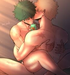 2boys abs ass back blonde_hair boku_no_hero_academia bones_(company) completely_nude crossed_legs drinking freckles freckles_on_body green_eyes green_hair hug indoors izuku_midoriya juice_box katsuki_bakugou kiss legs messy_hair midoriya_izuku my_hero_academia nude nyxdrawhine orange_juice pectorals riding scar scar_on_arm sex shounen_jump spiked_hair yaoi