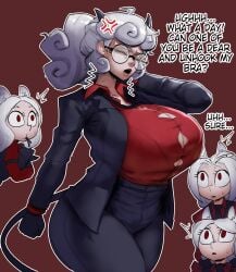 4girls big_breasts cerberus_(helltaker) clothed clothing demon_tail english english_text female female_only glasses helltaker horns pandemonica_(helltaker) tillshitposting white_hair
