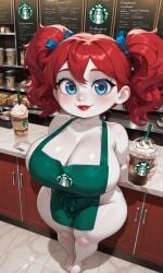 1female 1girls ai_generated apron apron_only barefoot big_breasts blue_eyes blush breasts breasts_bigger_than_head cleavage coffee coffee_cup coffee_shop curly_hair female female_focus female_only freckles freckles_on_breasts freckles_on_face hips hips_wider_than_shoulders holding_cup huge_breasts lips lipstick looking_at_viewer pigtails pixai poppy_(poppy_playtime) poppy_playtime red_hair red_lipstick ribbons shortstack smile smiling smiling_at_viewer solo solo_female solo_focus starbucks thick_thighs thighs twintails urikoito white_skin wide_hips
