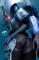 3_fingers 3d 4_arms alien armor armwear arthropod ass ass_focus belt blender_(artwork) blue_visor bottomless brown_body brown_exoskeleton bungie clothed clothing destiny_(game) destiny_(series) destiny_2 eliksni exoskeleton female female_only fingers ghost_(destiny) grey_background gun hand_on_leg hand_on_thigh handgun headgear hi_res holding_object holding_weapon hood humanoid ineffective_clothing juanratman legwear long_nails looking_at_viewer looking_back looking_back_at_viewer low-angle_view multi_arm multi_limb pistol ranged_weapon straps tattoo thick thick_ass thigh_armor weapon