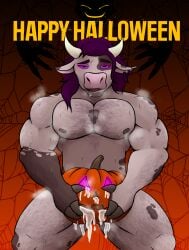 anthro balls bovine bull cum genitals gym hairy halloween hypnosis jack-o'-lantern male male_only mind_control muscular muscular_anthro muscular_male musk naked nipples nude saliva smile sweat violet_raven