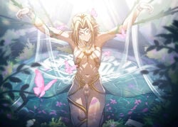 1boy absurdres blonde_hair bug butterfly censored circlet closed_eyes commentary_request elf highres male_focus medium_hair mosaic_censoring mouth_veil nature nga_(ray_ray) nipples original penis pink_butterfly plant pointy_ears restrained see-through_clothes see-through_veil sitting sling_bikini_top veil vines