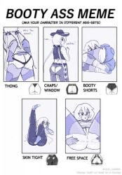 ass_focus booty_ass_meme booty_shorts chaps cowboy_hat crocodilianbooty english_text female konno_junko leggings limited_palette patchwork_skin pubic_hair pussy solo spread_ass spreading thong twintails_(hairstyle) zombie_girl zombie_land_saga
