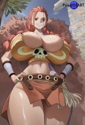1girls ai_generated big_breasts braids brown_eyes busty cape crop_top curvy day female female_only hands_on_hips huge_breasts narrow_waist one_piece outdoors pink_hair priestofart ripley_(one_piece) shiny skirt solo solo_female tattoo thick_thighs watermark wide_hips