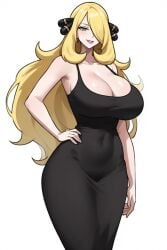 1girls ai_generated big_breasts black_dress blonde_hair curvy_female curvy_figure cynthia_(pokemon) fair_skin fair_skinned_female gray_eyes hourglass_figured_female huge_breasts long_hair looking_at_viewer naughty_one nintendo perchance_ai pokemon pokemon_dppt seductive_look seductive_smirk thick_thighs wavy_hair wide_hips