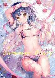 1girl arm_up armpits bikini black_bikini black_hair blush breasts breasts_out collarbone english_text flower frilled_bikini frills hair_ornament halterneck highres long_hair looking_at_viewer lying medium_breasts multi-strapped_bikini_bottom nanami_yuuno navel nipples on_back open_clothes open_shirt original parted_lips pink_ribbon ribbon rose shirt short_sleeves side-tie_bikini_bottom solo sousouman stomach string_bikini swimsuit thigh_strap thighs twinbox_school water wet white_shirt x_hair_ornament yellow_eyes