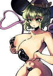1girls 2026 artist_request bare_shoulders big_breasts breasts covered_pussy female female_only green_eyes green_hair hand_on_own_breast hat holding_own_breast koishi_komeiji komeiji_koishi large_breasts nipple_pasties pasties pasties_only short_hair solo third_eye_(touhou) touhou white_background