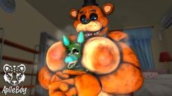 anthro aplleboy69 bhm big_nipples busty five_nights_at_freddy's fnaf freddy_(fnaf) furry head_between_breasts head_between_moobs male male/male male_only moobs overweight overweight_male size_difference