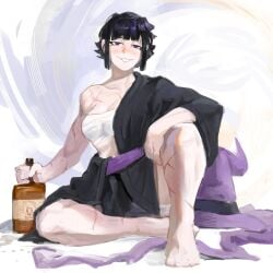 1girl alcohol alcohol_bottle artist_request bandage black_hair feet female female_only looking_at_viewer muscular_female original purple_eyes purple_hat robe scar scar_on_chest scar_on_leg short_hair sitting smile solo tagme tomboy whisky witch_hat