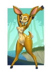 absurd_res anthro big_ears breasts collar collar_only fantasy_colored fawn_(mating_season) female female_only genitals green_eyes hi_res mating_season_(series) nipples nude nude_anthro nude_female one_eye_closed smile solo stretching thick_thighs vulva