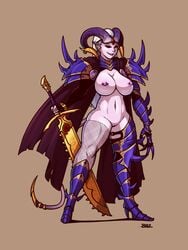 1girls big_breasts blazbaros breasts cape chaos_(warhammer) chaos_daemon daemonette demon_girl female female_only fishnet_legwear fishnets gauntlets gem gold_trim highres holding holding_sword holding_weapon horn_ring horns jewelry large_breasts navel nipple_piercing nipples pale_skin pauldrons piercing pointy_ears pussy red_eyes sleeves solo solo_female spiked_tail spikes sword tail thick_thighs thighs warhammer_(franchise) warhammer_40k weapon white_hair wide_hips