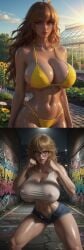 aggressive ai_generated alleyway big_breasts blonde_hair breasts brown_eyes carpark clenched_hands clouds daytime denim_bottomwear dirt dirty female female_only fighting_pose fighting_stance fists_up fit_female flowers garden glasses graffiti green_eyes greenhouse huge_breasts leaves littering long_hair looking_at_viewer markings morning night nipple_outline original_character plants rectangular_eyewear rectangular_glasses serene serious shaggy_hair standing_up street sun_rays sunflower thick_thighs vandalism vegetation walls wearing_glasses white_crop_top yellow_bikini