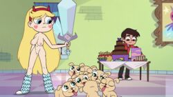 accurate_art_style cake casual clothed_male edit food footwear headband headwear heart_cheeks innie_pussy low_breasts magic marco_diaz nipples nude_female pussy royal_magic_wand sagging_breasts screenshot screenshot_edit star_butterfly star_vs_the_forces_of_evil sword troskc wand