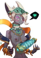 3_eyes 5_fingers anthro biped blue_eyes blush breasts chrysalisdraws female female_anthro female_only fingers hair heart_symbol heterochromia hi_res humanoid_hands looking_at_viewer mineru multi_eye navel navel_piercing nintendo nipple_piercing nipples piercing pink_nose purple_eyes solo standing tears_of_the_kingdom the_legend_of_zelda white_hair zonai