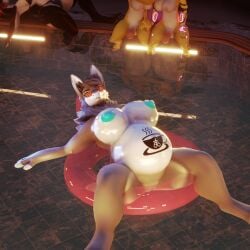 3d_(artwork) anthro aquatic belly_tattoo big_breasts blender_(artwork) blender_cycles_(artwork) blue_nipples breasts cybernetic_arm cybernetic_leg cybernetic_limb digital_media_(artwork) equid equine female fish gynomorph ha1 haolde haolde_(character) hi_res horse huge_breasts intersex looking_at_viewer lyabel_(haolde) mamagen mammal nipples shark sun swimming_pool tattoo