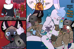 abdominal_bulge aggretsuko anal anal_penetration animal_genitalia animal_penis anthro asinus bacon_sama balls big_penis blush bodily_fluids body_hair brown_body caught_in_the_act caught_masturbating cheek_bulge comic corndog covering covering_self dialogue donkey duo embarrassed english_text equid equine equine_genitalia equine_penis erection fellatio food gay gay_male genitals haida_(aggretsuko) hairy_balls handjob heart_symbol hi_res huge_penis hyena image_bubble male male/male mammal masturbation moan motion_blur motion_lines nipples nude open_mouth oral penetration penile penile_penetration penis penis_in_ass pubes saliva saliva_on_penis sanrio sex sharp_teeth speech_bubble spotted_hyena stray_pubes sweat sweatdrop tadano_(aggretsuko) tail tail_tuft tears teeth text tuft vr_headset yaoi