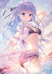 1girl ass beach bikini black_bikini blue_hair blush bracelet breasts cleavage clothes_lift cloud collared_shirt cowboy_shot hair_ornament hair_ribbon hand_in_own_hair highres hiiragi_asuka_(twinbox) horizon jewelry lens_flare long_hair looking_at_viewer medium_breasts open_clothes open_mouth open_shirt outdoors outstretched_arm palm_tree purple_eyes ribbon sarong see-through_clothes shirt side-tie_bikini_bottom sidelocks skirt skirt_lift sky smile solo sousouman splashing standing sunset swimsuit teeth thighs tree twinbox_school underboob wading water wet white_shirt
