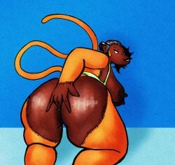 anal anal_fingering anthro big_butt bottomless bra bra_down bra_only breasts butt clothed clothing dark_body dark_skin digital_media_(artwork) female female_only fingering fur genitals haplorhine hi_res looking_at_viewer looking_back mammal monique_(pokuyuno239) monkey orange_body orange_fur pokuyuno239 presenting presenting_hindquarters primate side_boob solo tail thick_thighs underwear underwear_only vulva