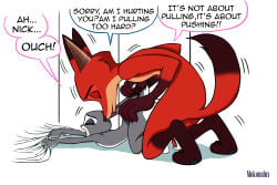 ambiguous_penetration anthro arm_markings blanket_pull canid canine dialogue digital_media_(artwork) dipstick_ears dipstick_tail disney doggystyle duo ear_lick ear_markings ear_pull english_text european_rabbit eyes_closed female female_penetrated fox from_behind_position gloves_(marking) grabbing_blanket grey_body hand_on_hip hi_res judy_hopps lagomorph larger_male leg_markings leporid licking male male/female male_penetrating male_penetrating_female mammal markings mokonalux multicolored_ears nick_wilde orange_body oryctolagus pain penetration predator/prey predator_penetrating predator_penetrating_prey prey_penetrated rabbit red_fox sex size_difference smaller_female socks_(marking) speech_bubble tail tail_markings text tongue true_fox zootopia