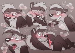 ahegao anthro balls big_tail black_body black_fur blush blushing_profusely clothing fur gay gay_masturbation genitals hair heart_symbol hi_res holding_clothing holding_object holding_panties holding_underwear homosexual homosexual_male implied_orgasm in_heat jusrhkuhoh looking_at_viewer looking_down looking_pleasured looney_tunes lying male male/male male_only mammal markings mephitid on_back panties pepe_le_pew skunk smile solo steam steamy_breath striped_markings striped_tail stripes tail tail_markings teeth tongue tongue_out underwear warner_brothers white_body white_fur
