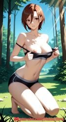 1girls ai_generated bare_shoulders barefoot belly_button big_breasts breasts brown_eyes busty chest collarbone erect_nipples female_only flashing gate_-_jieitai_ka_no_chi_nite_kaku_tatakaeri hard_nipples hi_res highres hips kneeling kuribayashi_shino large_breasts looking_at_viewer midriff natsuyoru navel neck nipples parted_lips patreon pov shirt_pull shorts solo solo_female sports_bra stomach thighs toes