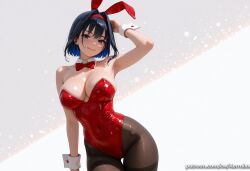 1girl :q ai_generated animal_ears arm_up armpits bangs bare_shoulders black_hair black_pantyhose blue_eyes blue_hair blush bow bowtie breasts brown_pantyhose cleavage closed_mouth covered_navel cowboy_shot detached_collar fake_animal_ears hair_intakes hairband highleg highleg_leotard kermixx large_breasts leotard licking_lips looking_at_viewer multicolored_hair ouro_kronii pantyhose patreon_username playboy_bunny rabbit_ears red_bow red_bowtie red_hairband red_leotard shiny_clothes short_hair simple_background smile solo strapless strapless_leotard thigh_gap thighband_pantyhose tongue tongue_out virtual_youtuber white_background wrist_cuffs
