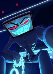 antennae big_hands blue_gills blue_nipples blue_skin chains claws cock confident_male dick dominant dominant_male erection glowing_chain hazbin_hotel hellaverse heterochromia looking_at_viewer low-angle_view low_angle pants penis pov red_eyes sharp_claws sharp_teeth sitting smirking solo_male spread_legs tv_head unzipped vox_(hazbin_hotel)
